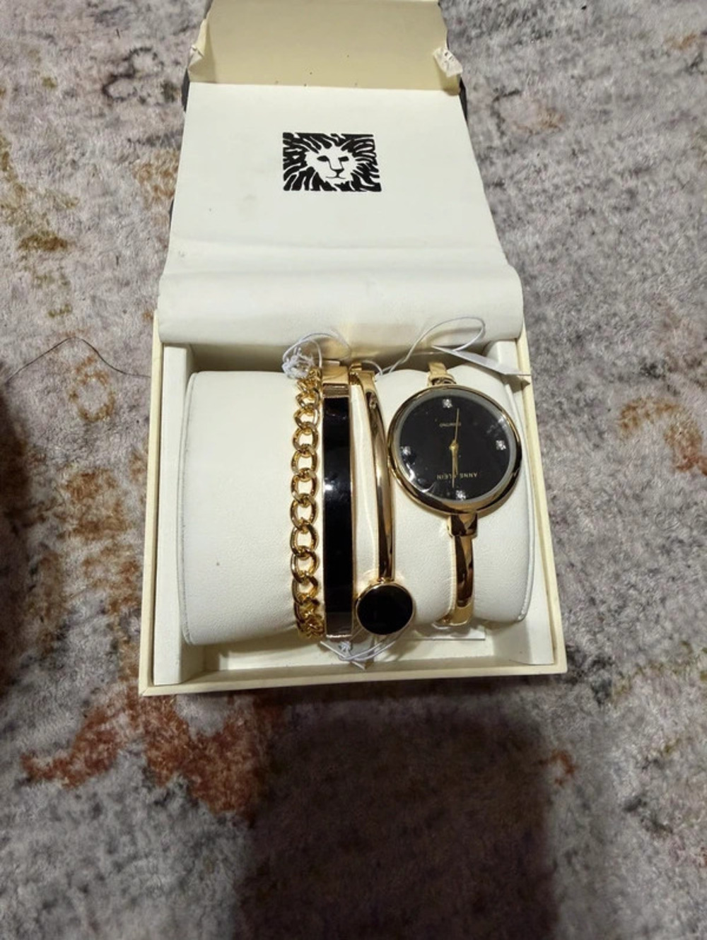 Anne Klein Gold & Black Enamel Diamond Watch & Bracelet Set
